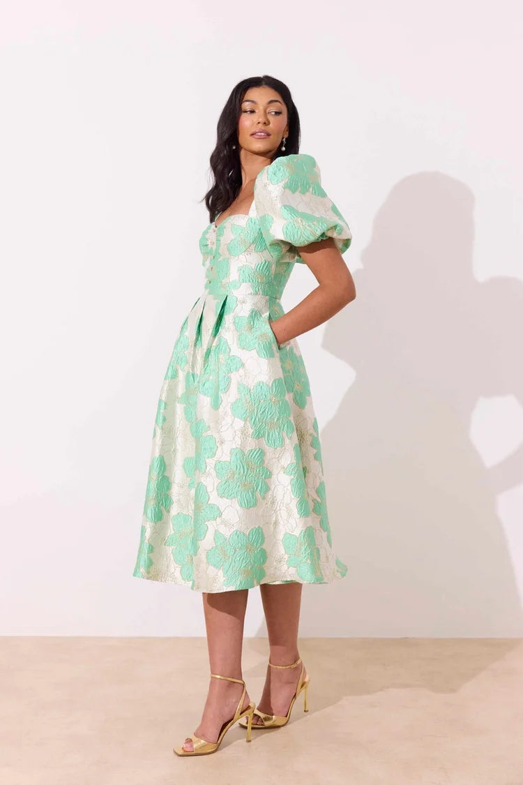 Audrey Puff Sleeve Midi Dress (Metallic Mint)
