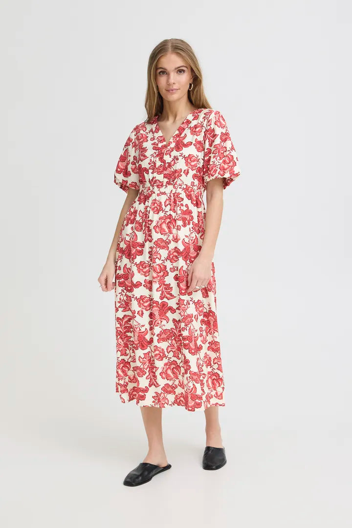 Glenda Midi Dress (Red Floral Print)