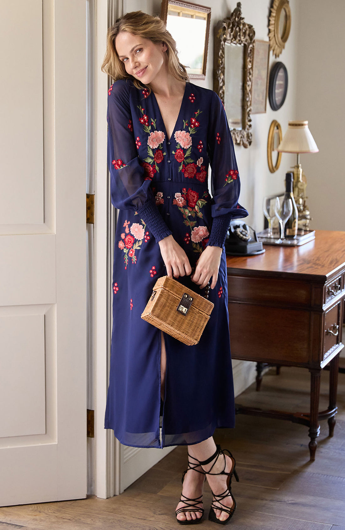 The Jodie Embroidered V-Neck Midi Dress (Navy)