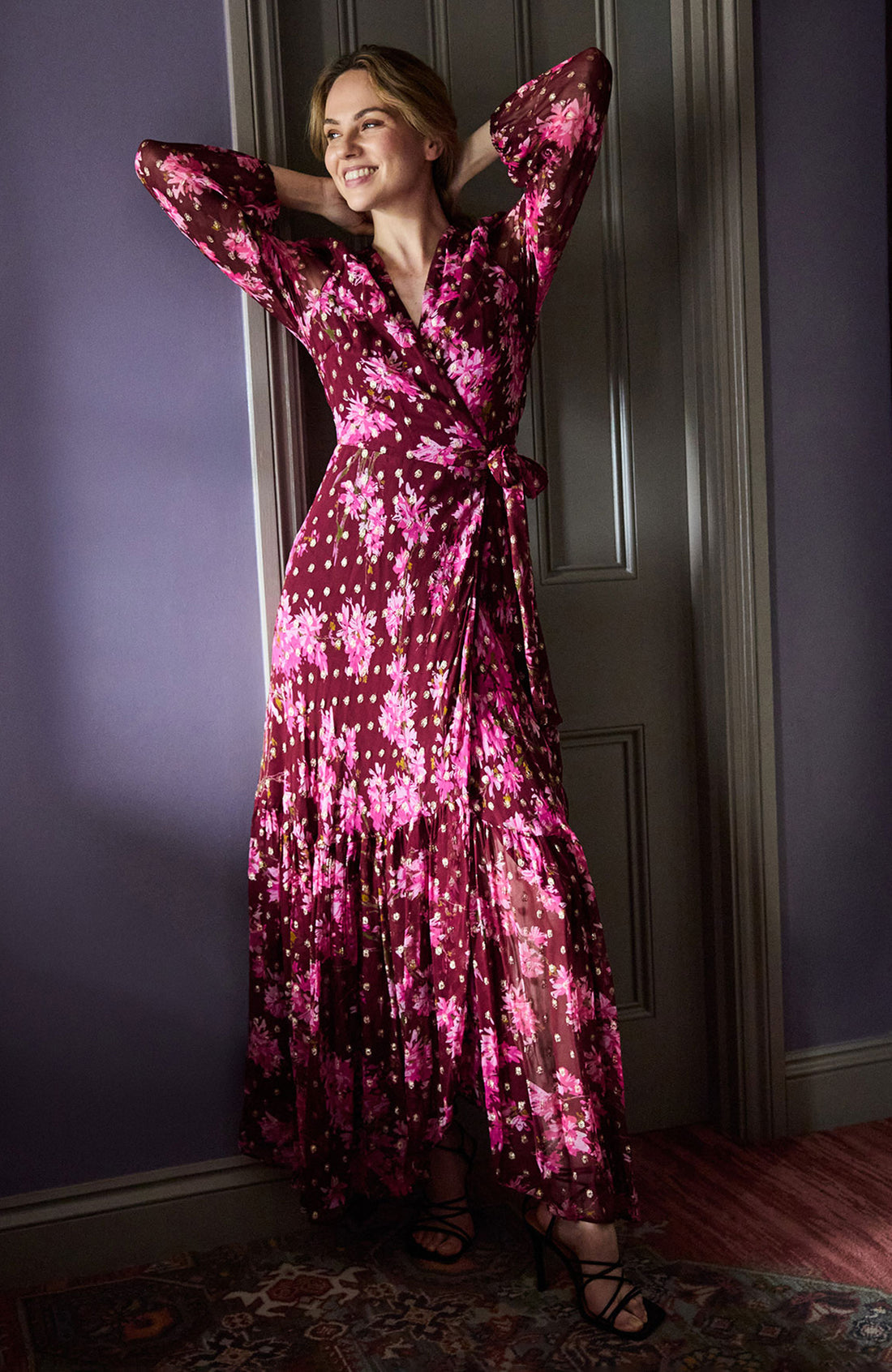 The Blossom Blouson Sleeve Maxi Wrap Dress (Burgundy)