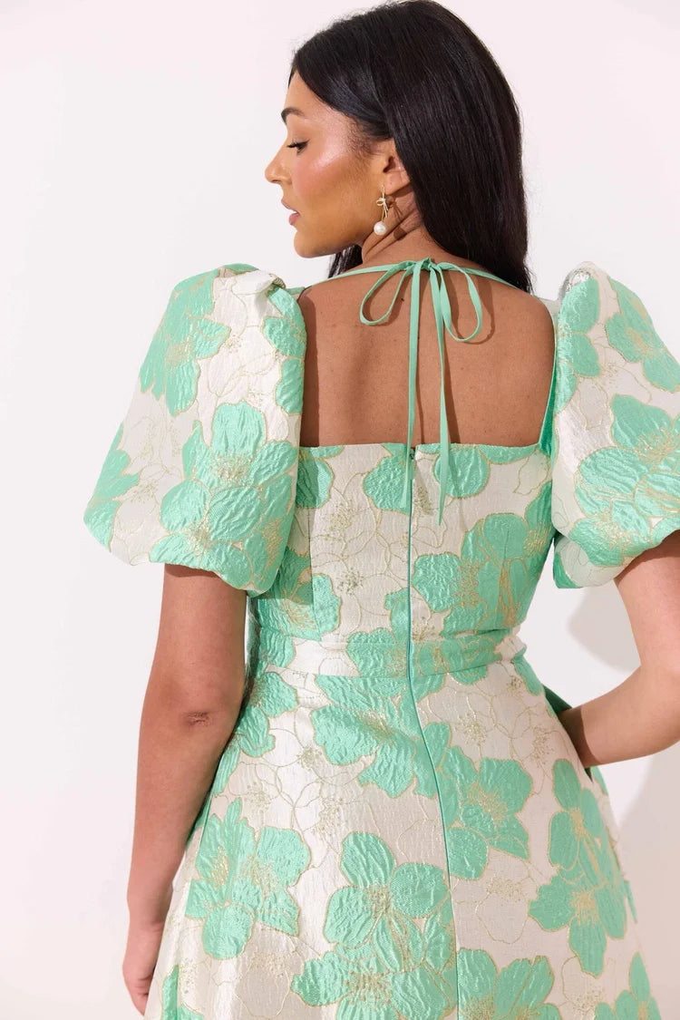 Audrey Puff Sleeve Midi Dress (Metallic Mint)