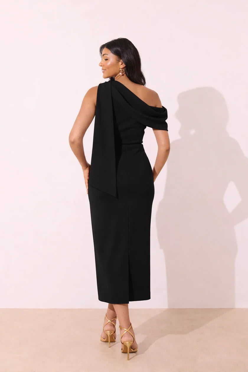 Eleni Drape Midi Dress (Black)
