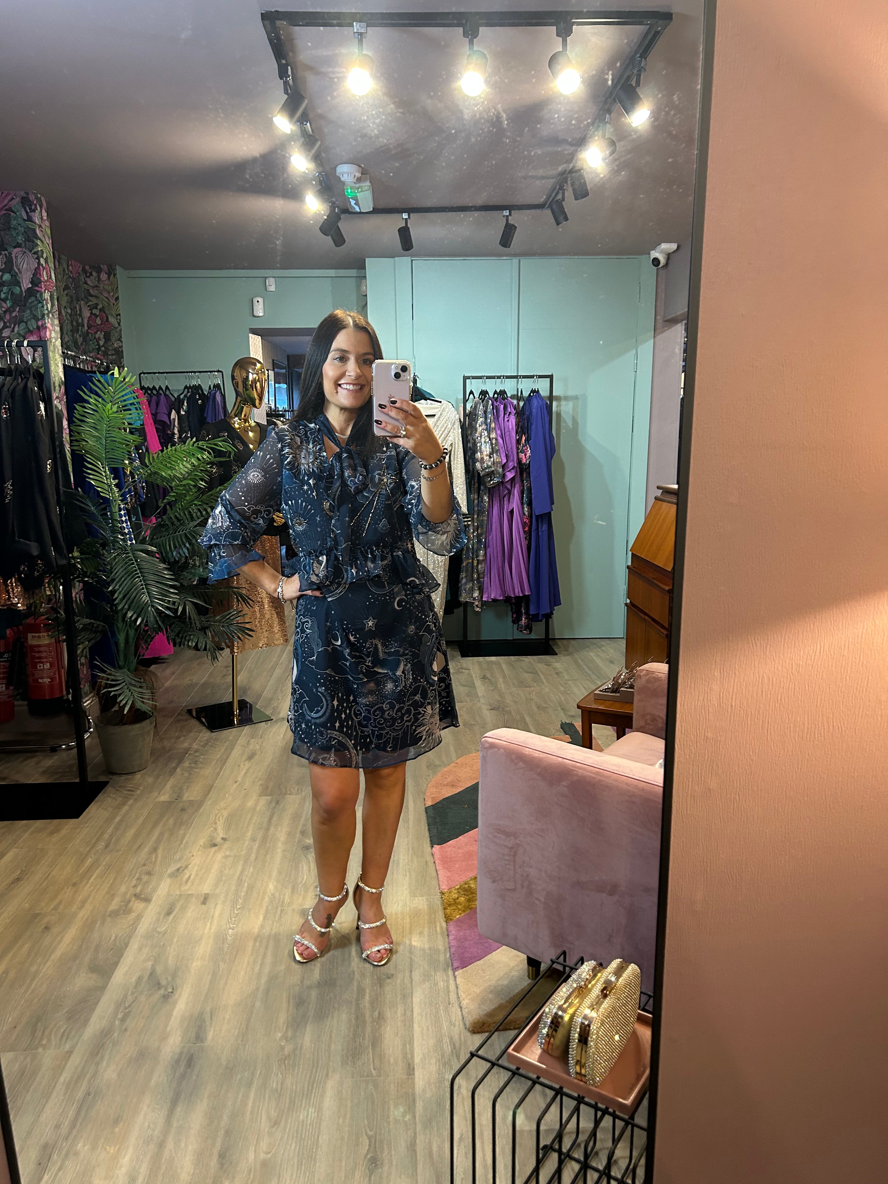 THE ALIDA EMBELLISHED TIE NECK RUFFLE MINI DRESS (NAVY)