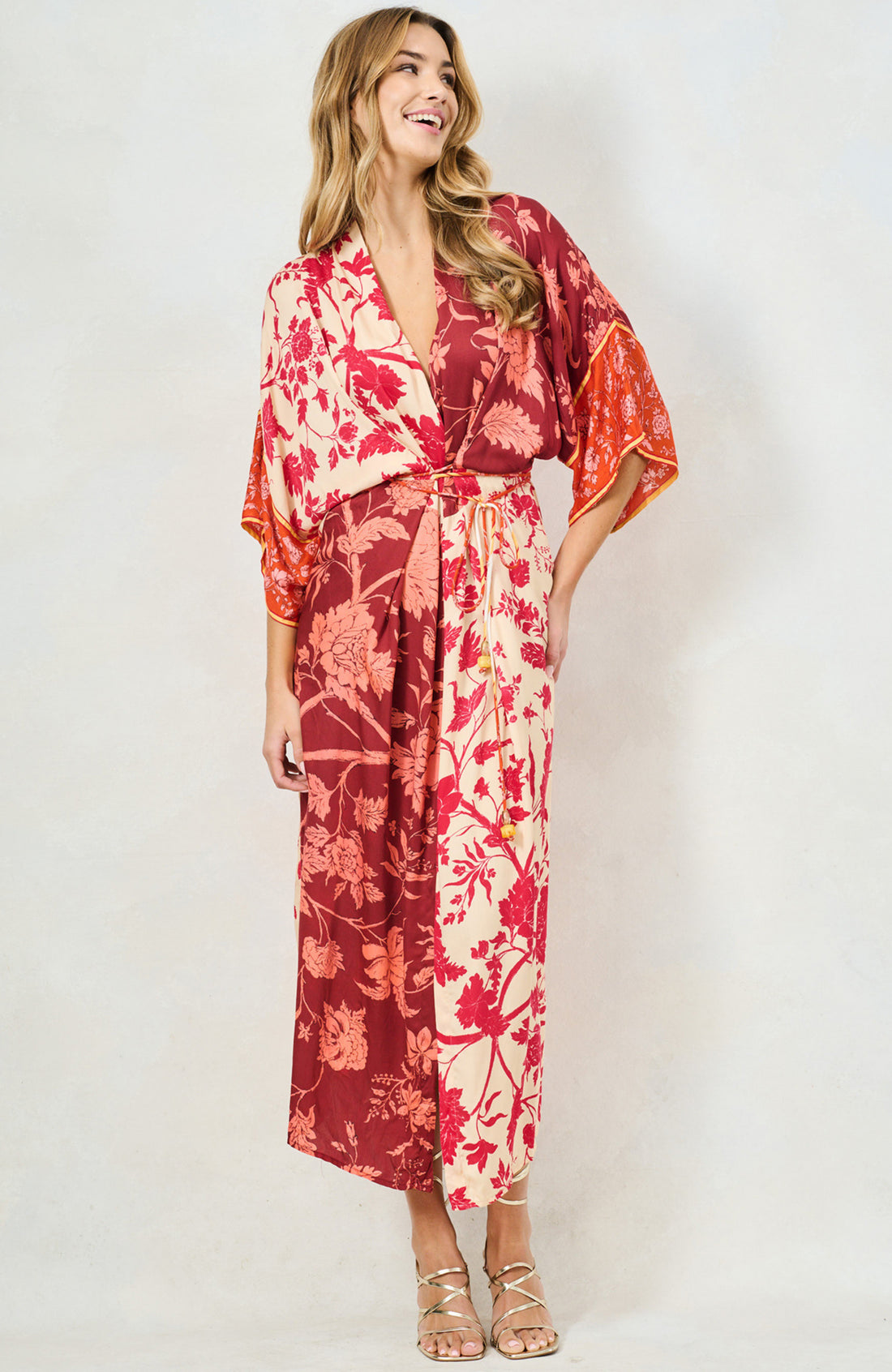 The Salma Kimono Midi Dress (Orange/Burgundy)