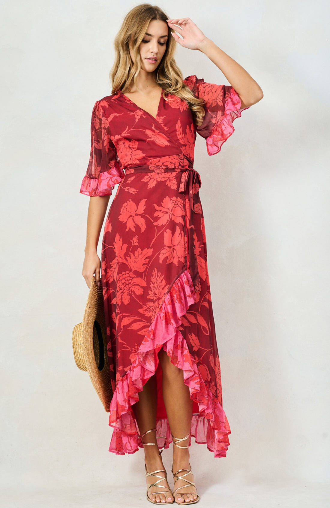 The Celestine Maxi Wrap Dress (Burnt Orange/Pink)