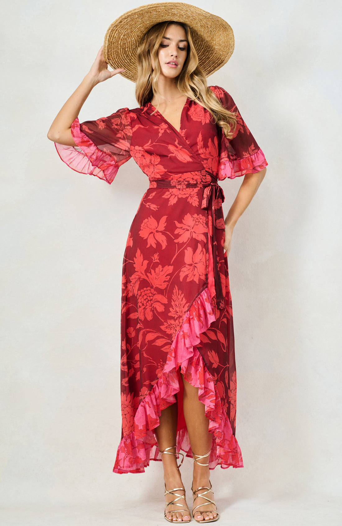 The Celestine Maxi Wrap Dress (Burnt Orange/Pink)