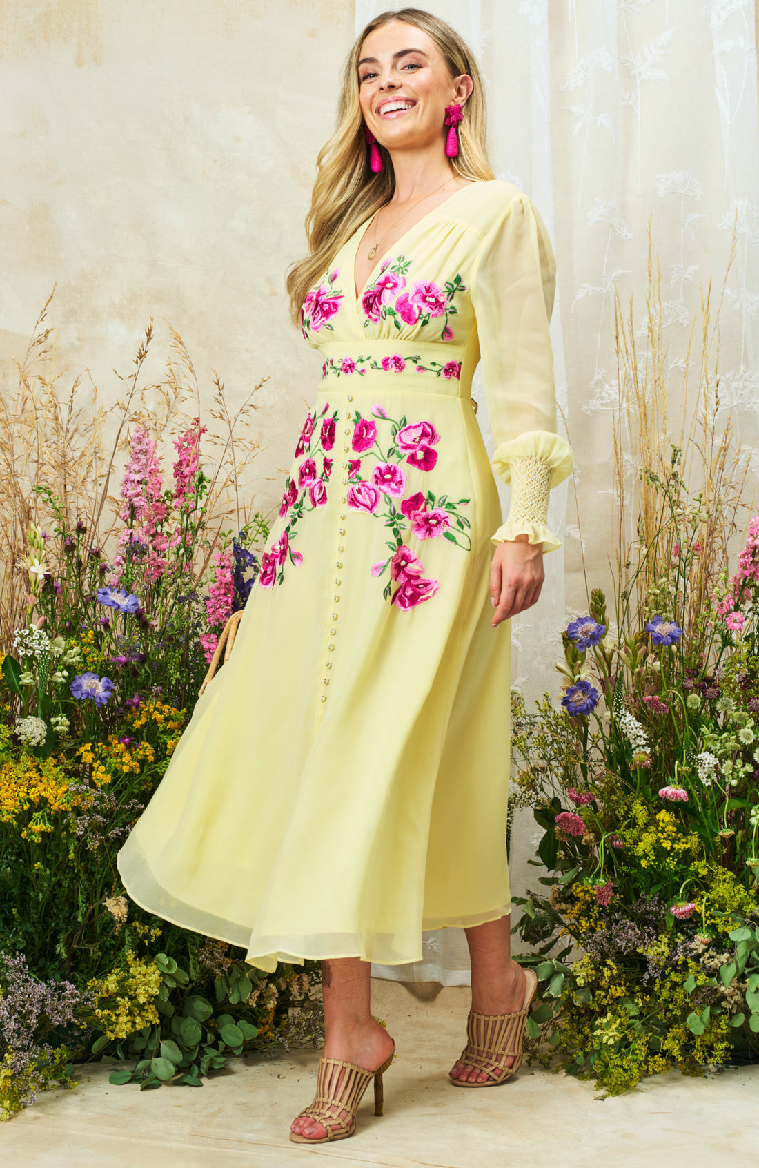 The Kirsty Embroidered Front Button Midi Dress (Yellow)