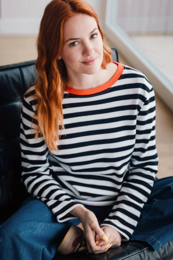 Vienna Jersey Top (White/Black Striped)