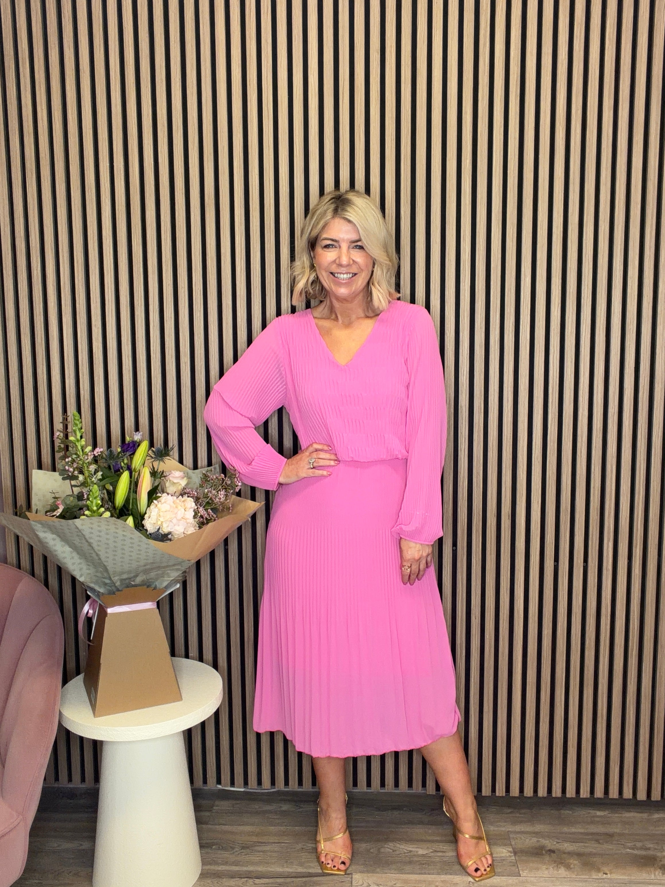 Marcia Plisse Midi Dress (Pink)