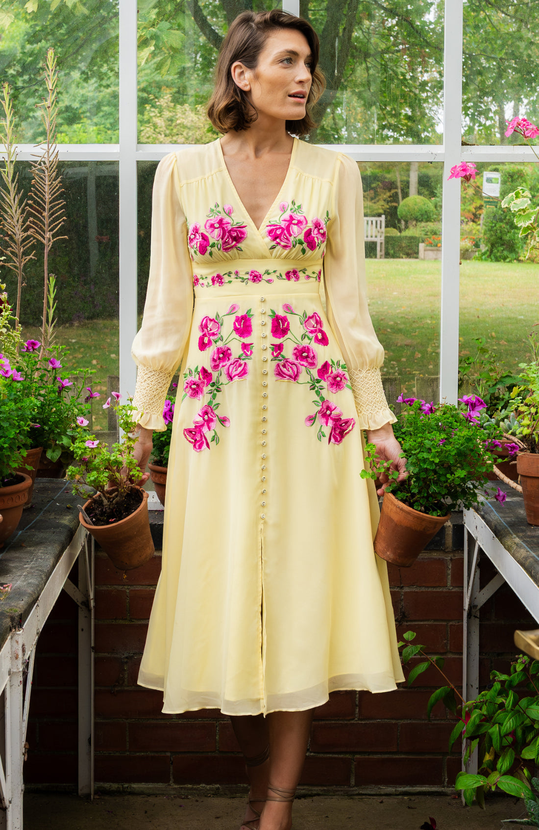 The Kirsty Embroidered Front Button Midi Dress (Yellow)