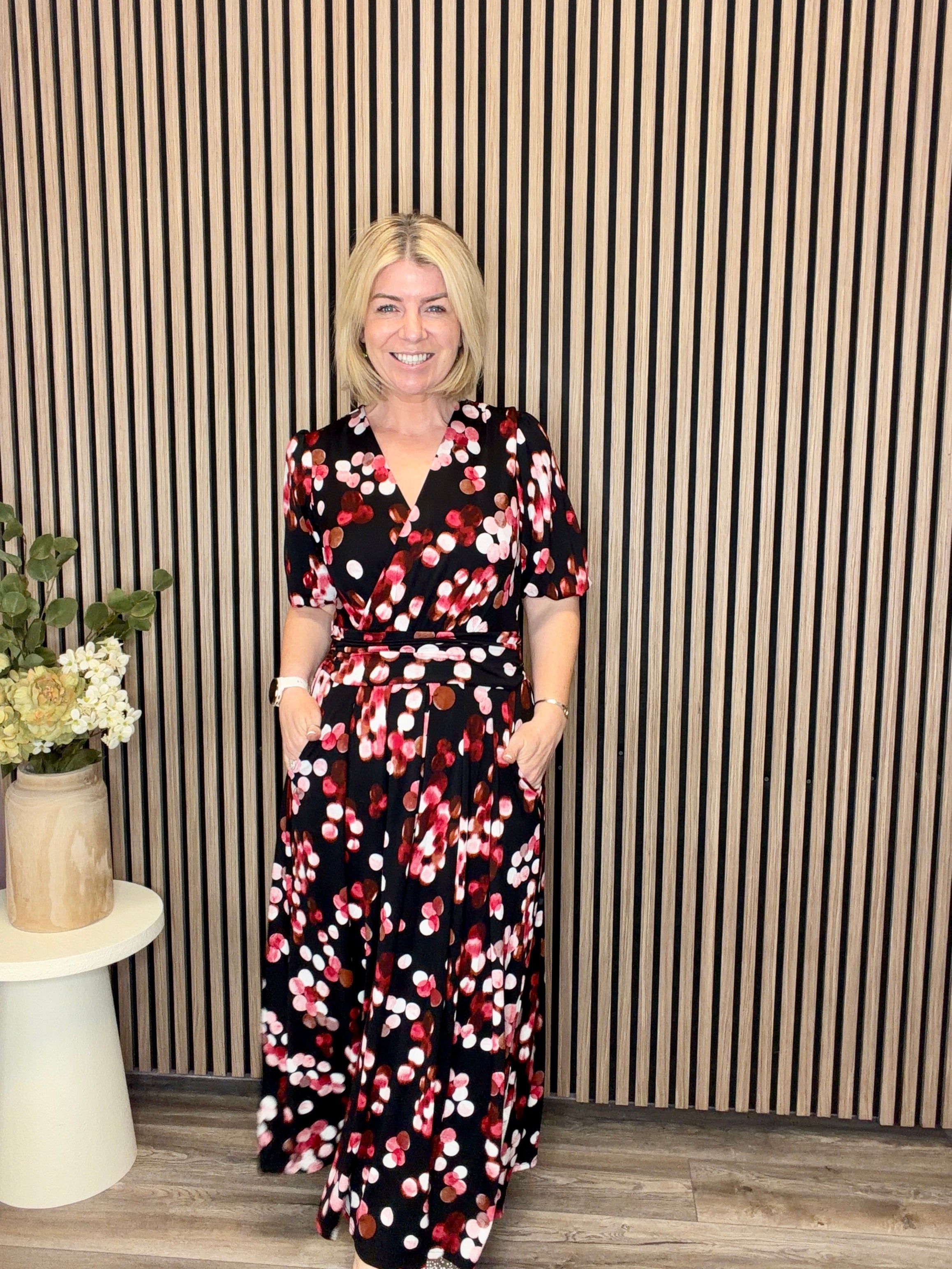 Puff Sleeve Jersey Maxi Dress (Red Spot)