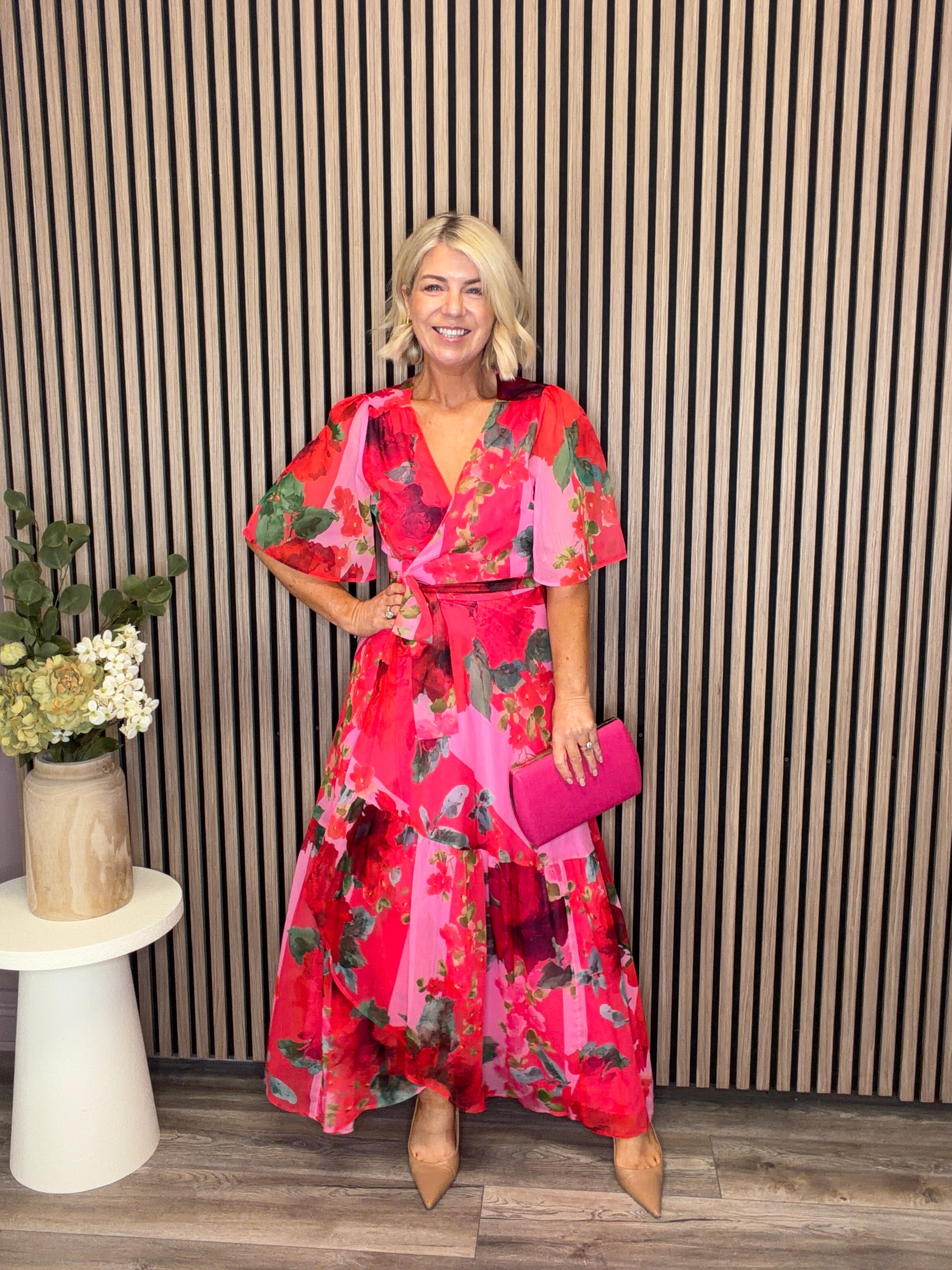 The Rosanna Maxi Wrap Dress (Pink/Red) The Rosanna Maxi Wrap Dress (Pink/Red)