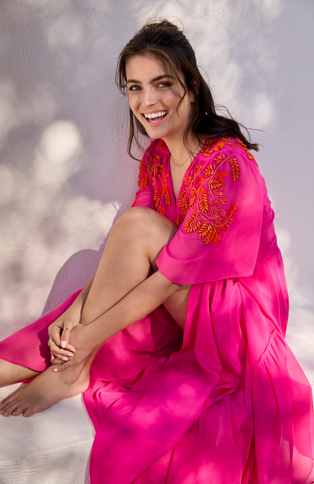 The Harriet Embellished Flutter Sleeve Maxi Dress (Pink/Orange)