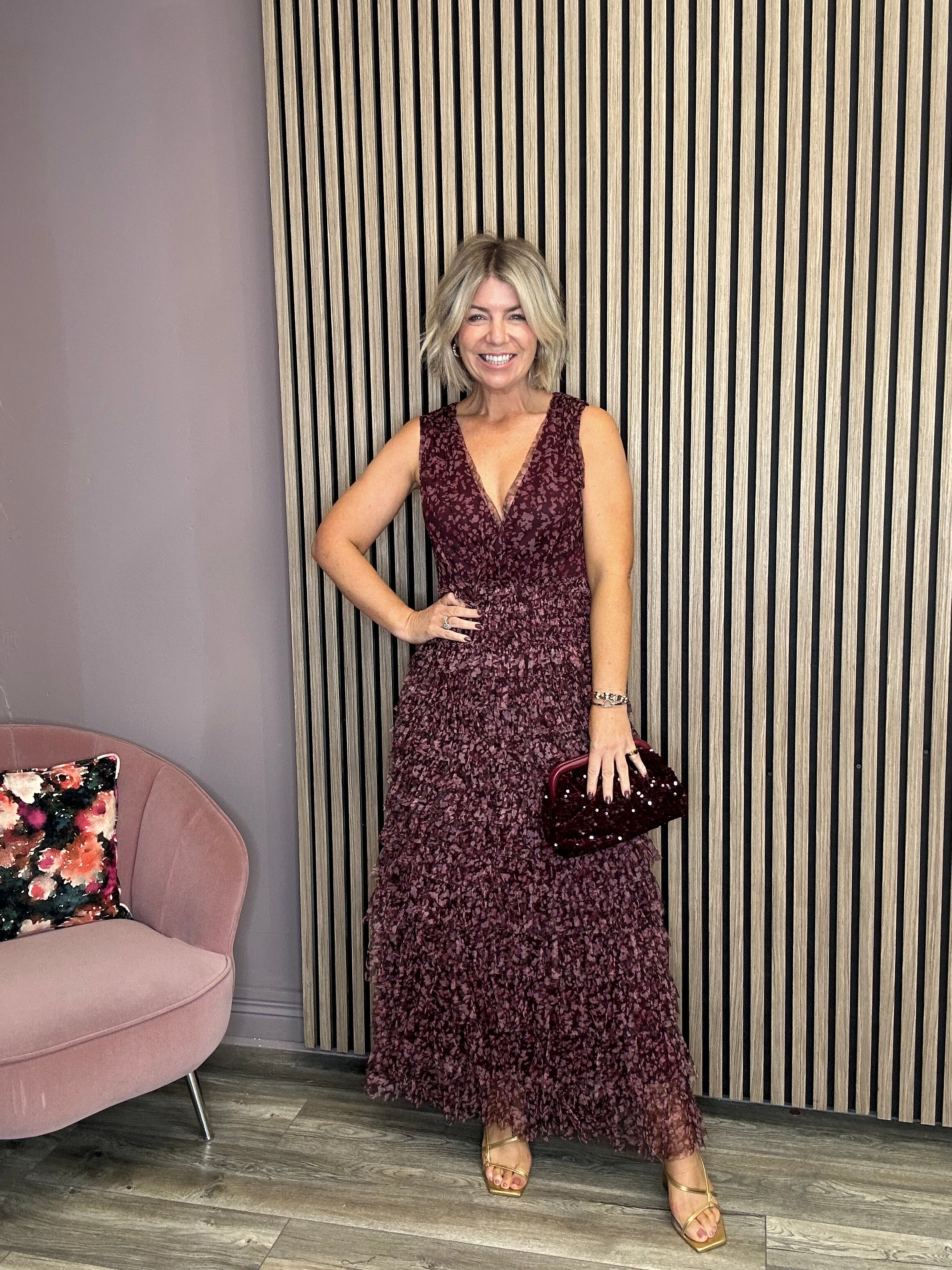 Virginia Maxi Tulle Dress (Burgundy Flowers)