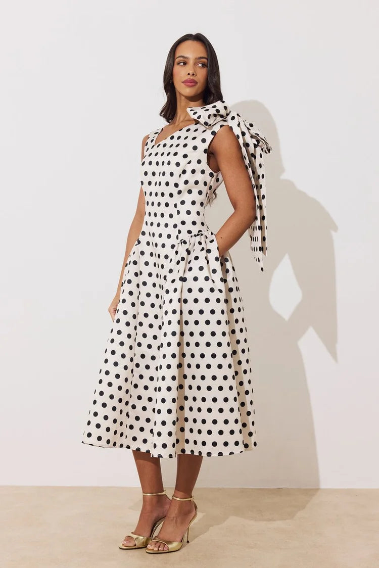 Beatrice Bow Dress (Champagne/Polka Dot)