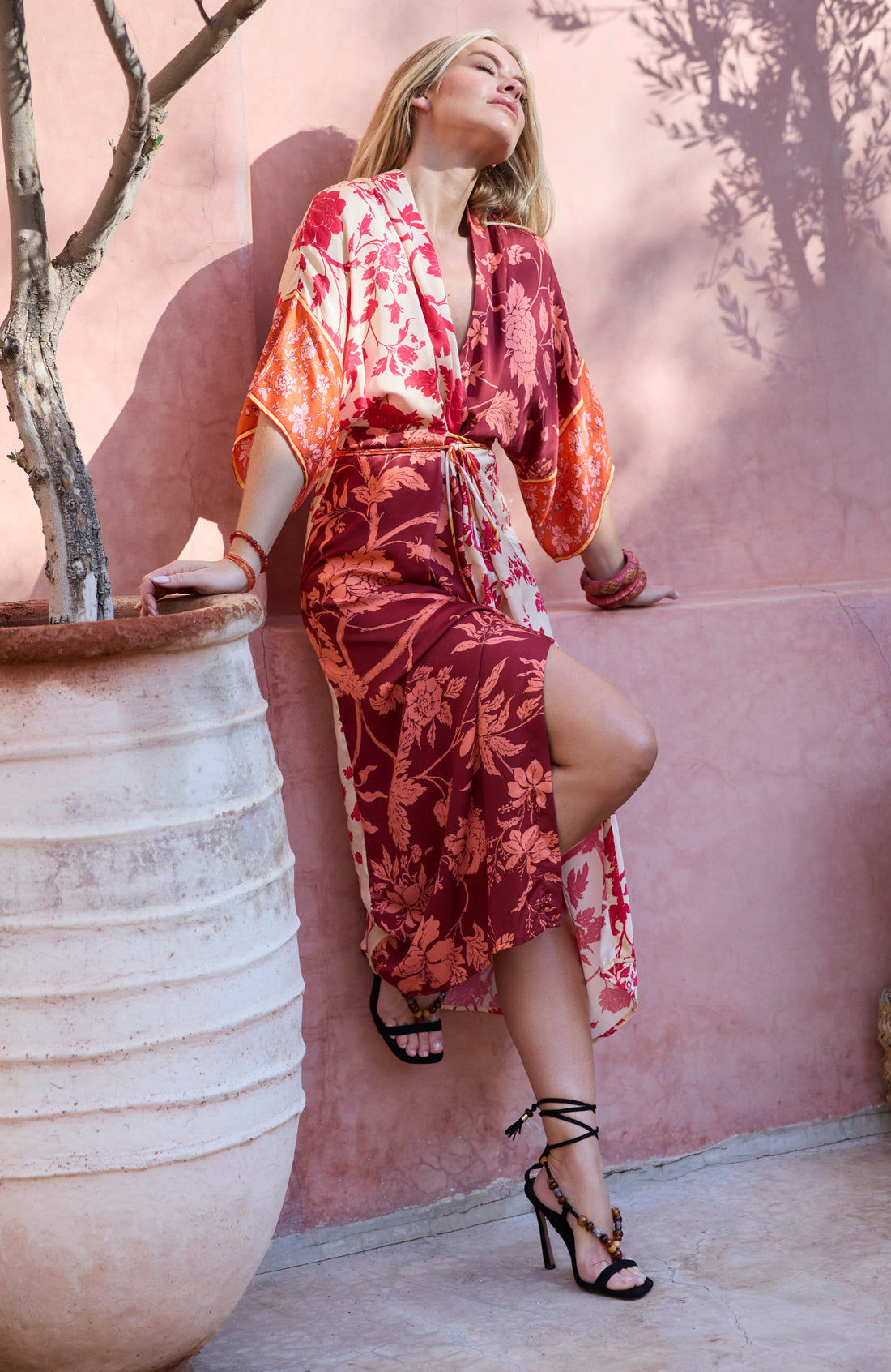 The Salma Kimono Midi Dress (Orange/Burgundy)
