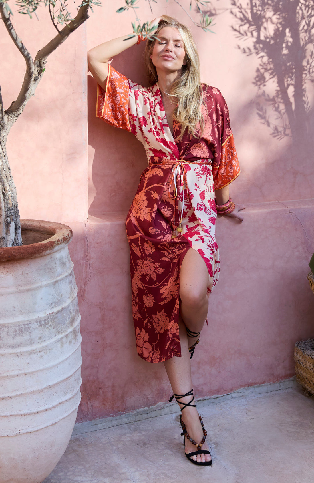 The Salma Kimono Midi Dress (Orange/Burgundy)