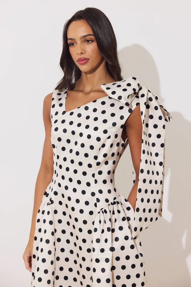 Beatrice Bow Dress (Champagne/Polka Dot)