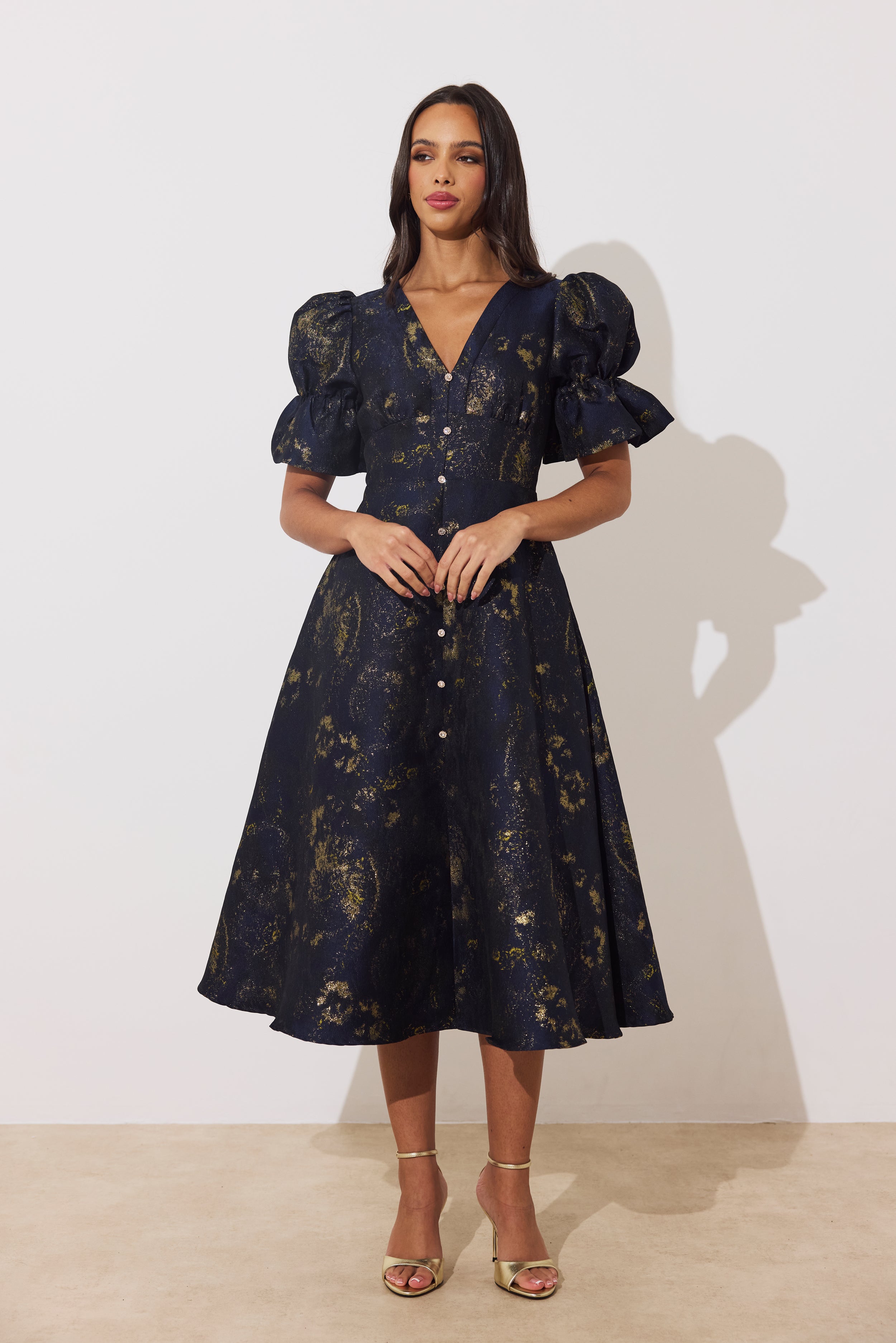 Callie Metallic Midi Dress (Midnight Blue/Gold)