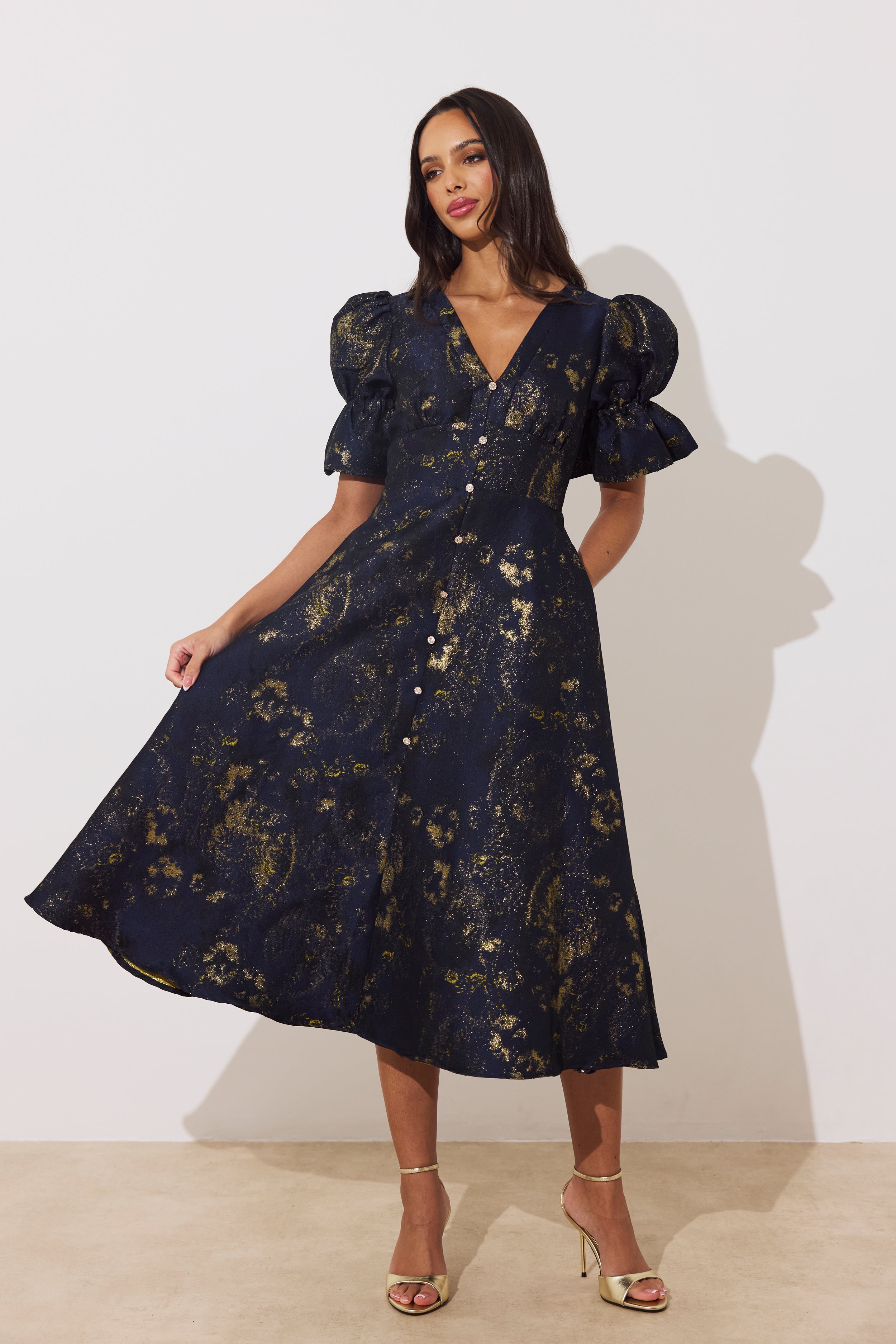 Callie Metallic Midi Dress (Midnight Blue/Gold)