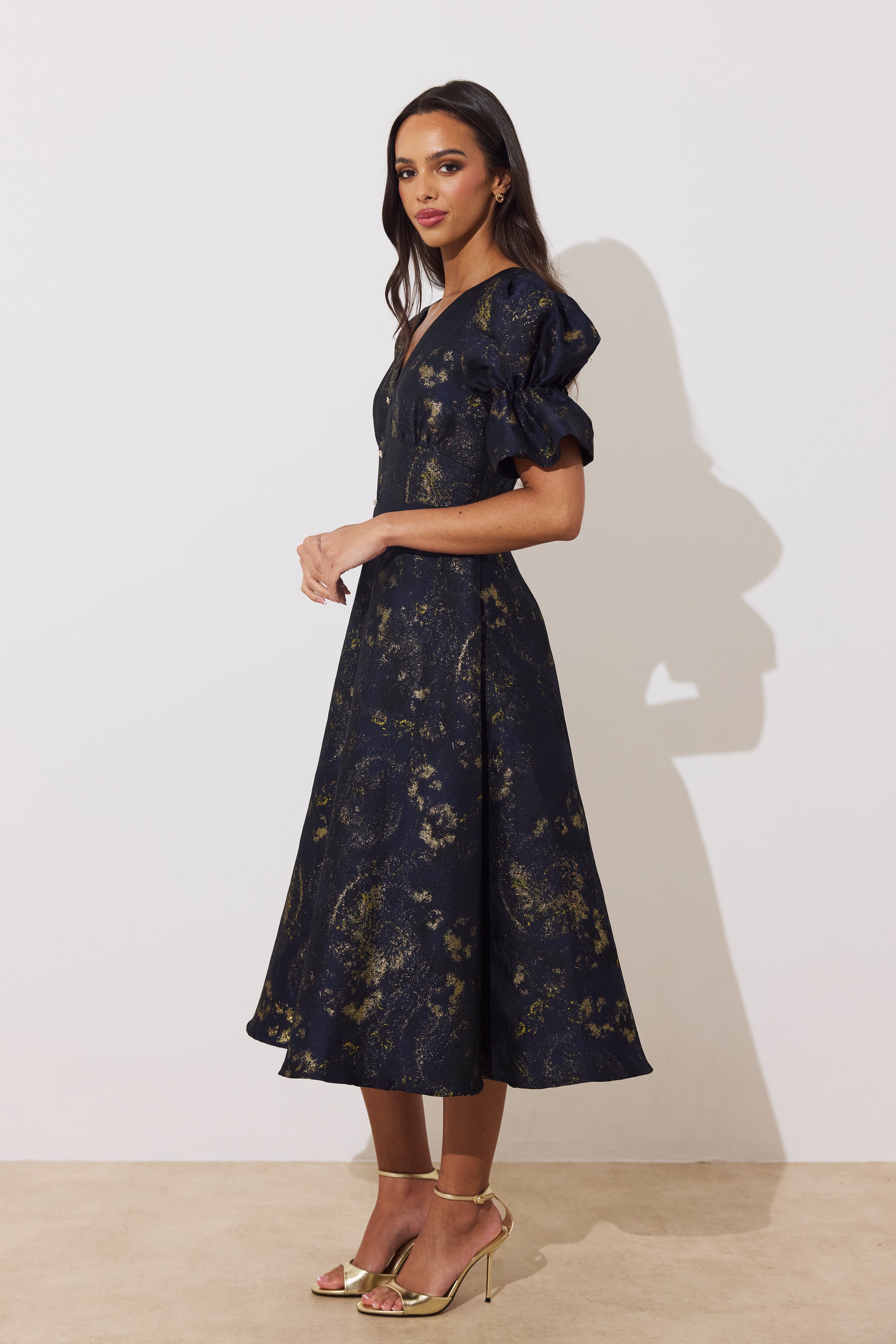 Callie Metallic Midi Dress (Midnight Blue/Gold)