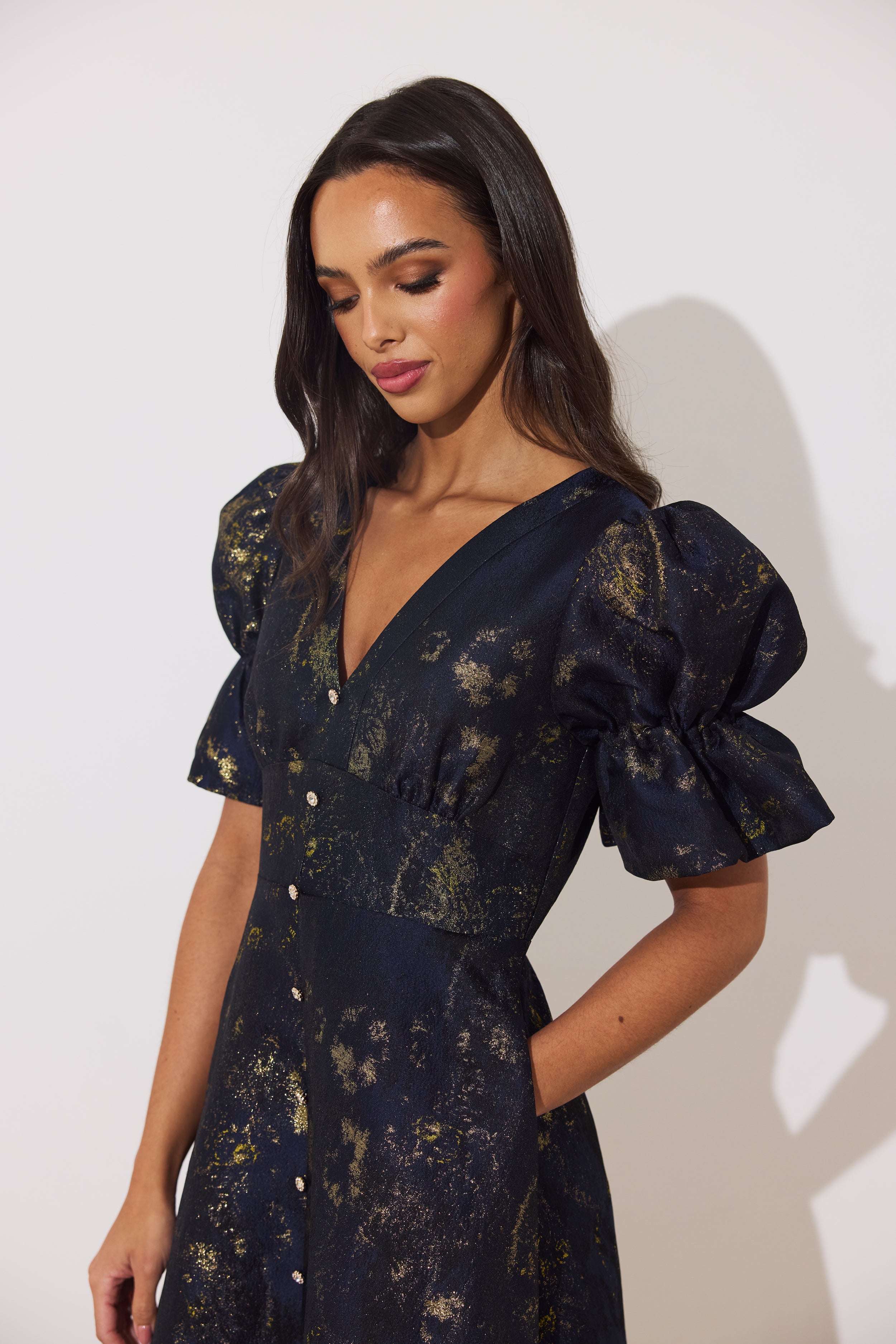 Callie Metallic Midi Dress (Midnight Blue/Gold)