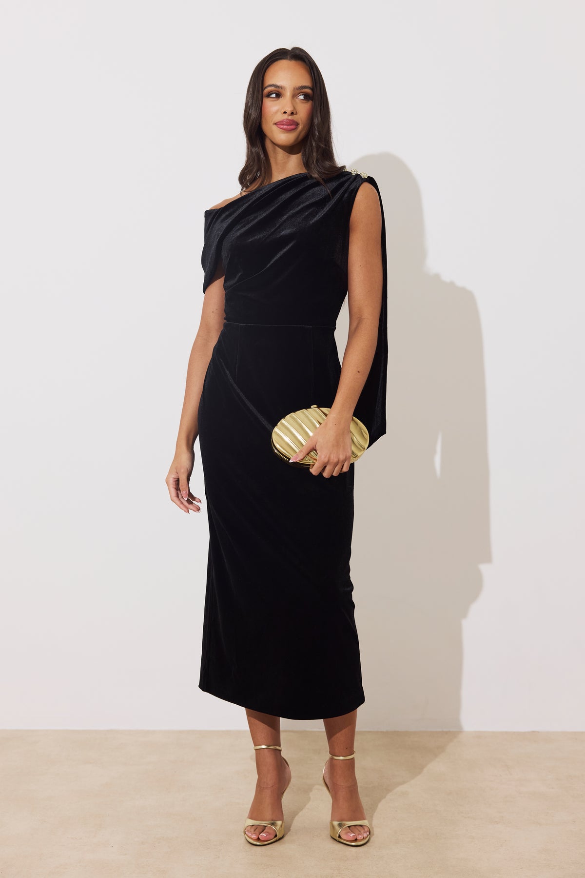 Eleni Velvet Drape Midi Dress (Black)