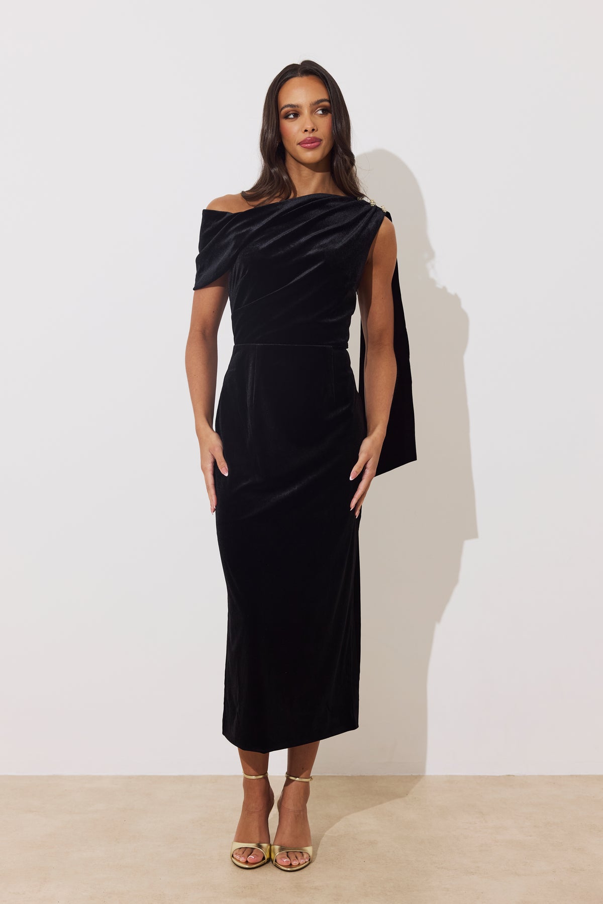 Eleni Velvet Drape Midi Dress (Black)