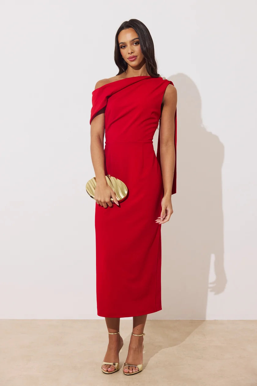 Eleni Drape Midi Dress (Red)