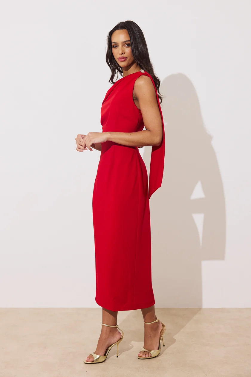Eleni Drape Midi Dress (Red)