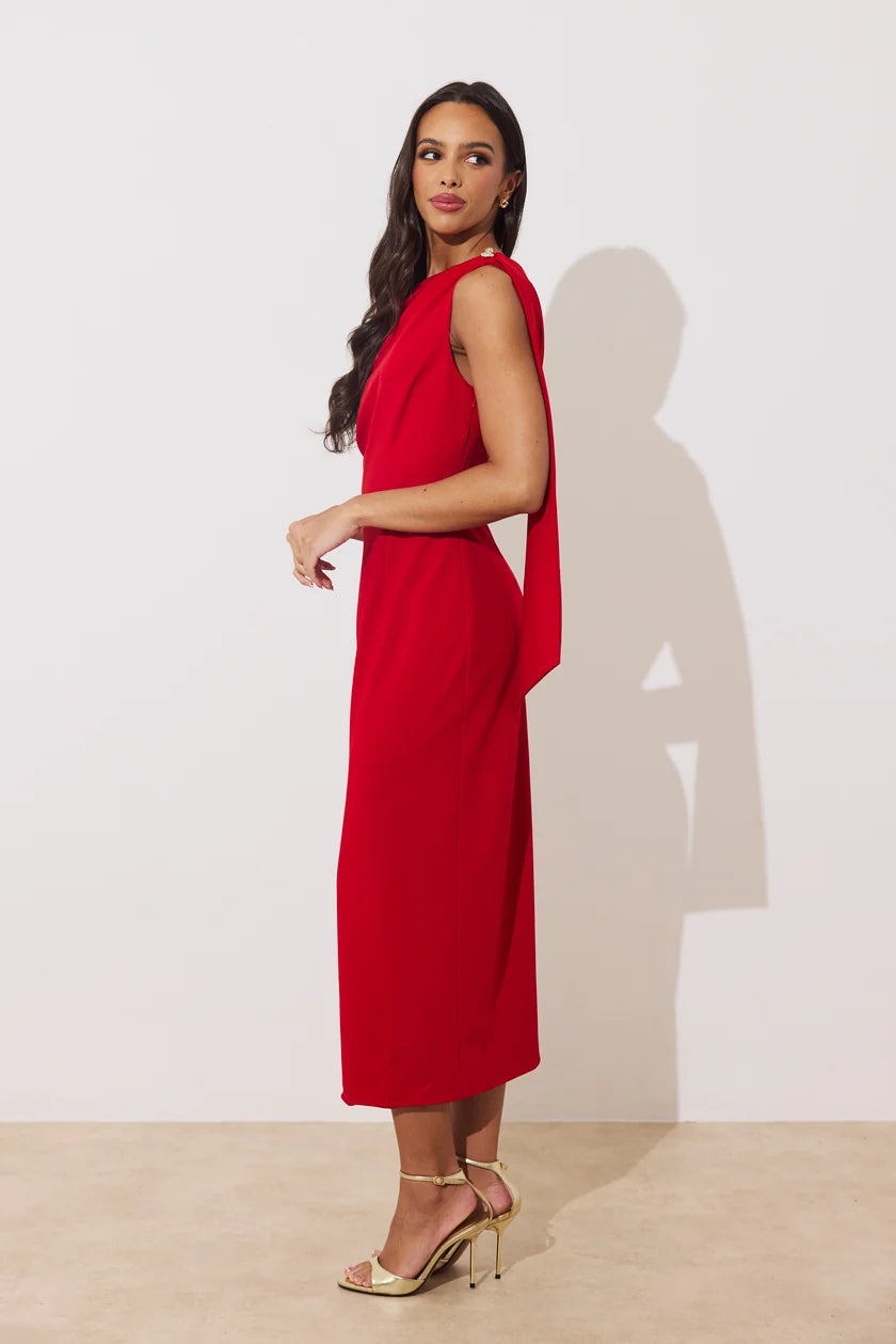 Eleni Drape Midi Dress (Red)