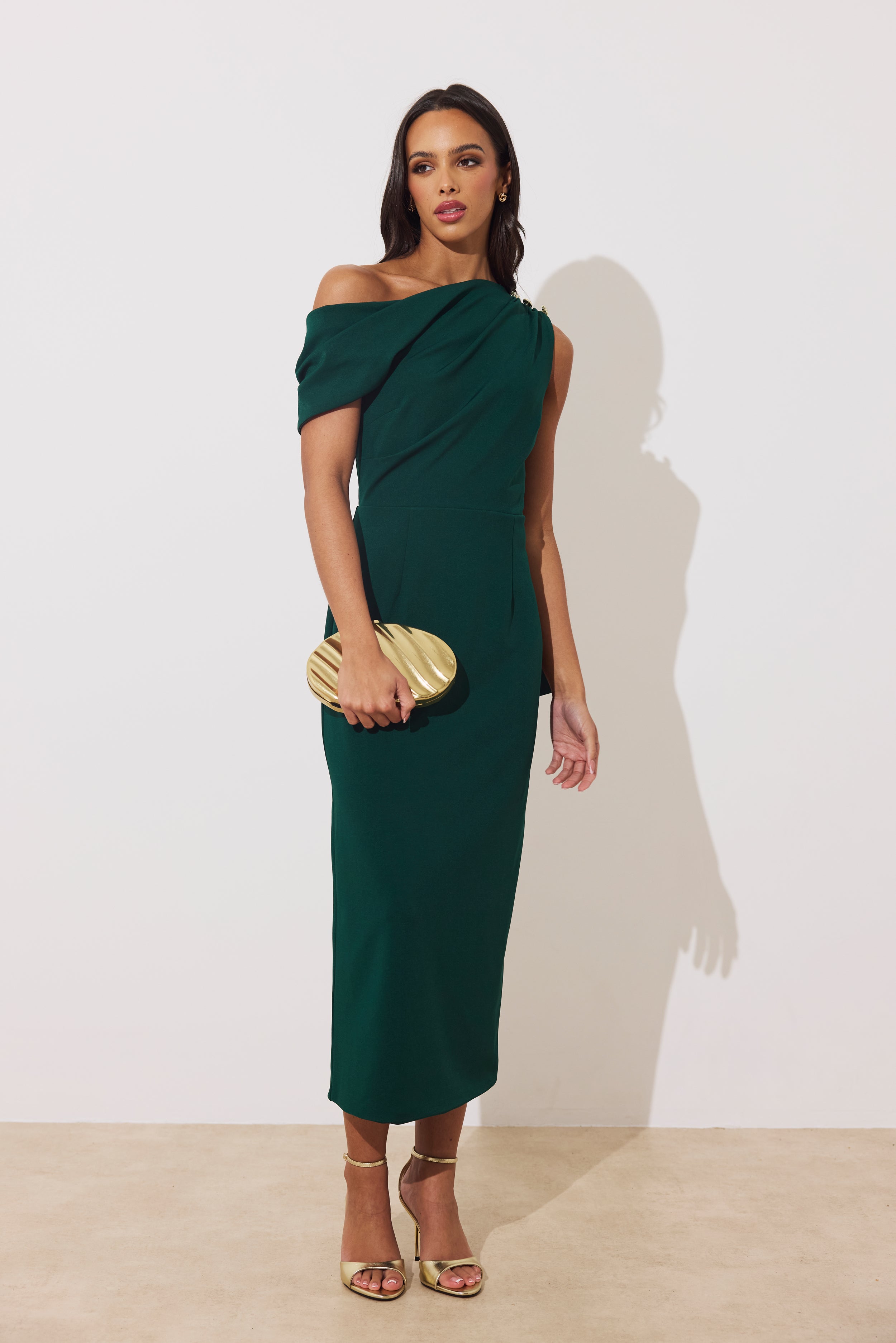 Eleni Drape Midi Dress (Forest Green)