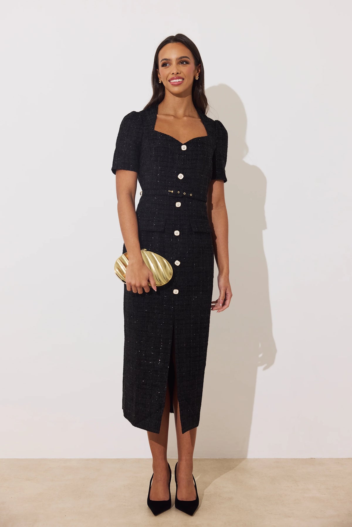Harriet Tweed Midi Dress (Black)