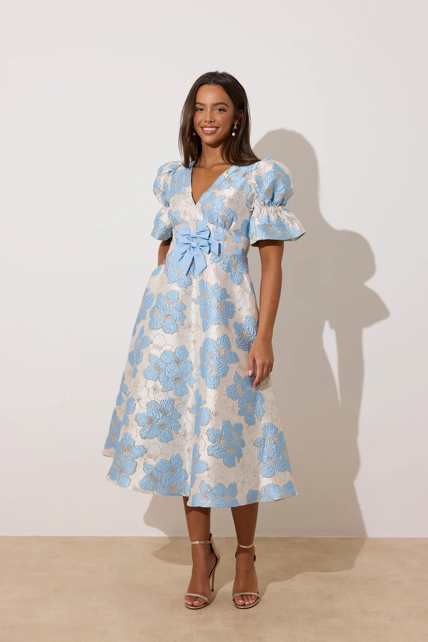 Callie Metallic Puff Sleeve Midi Dress (Pale Blue)