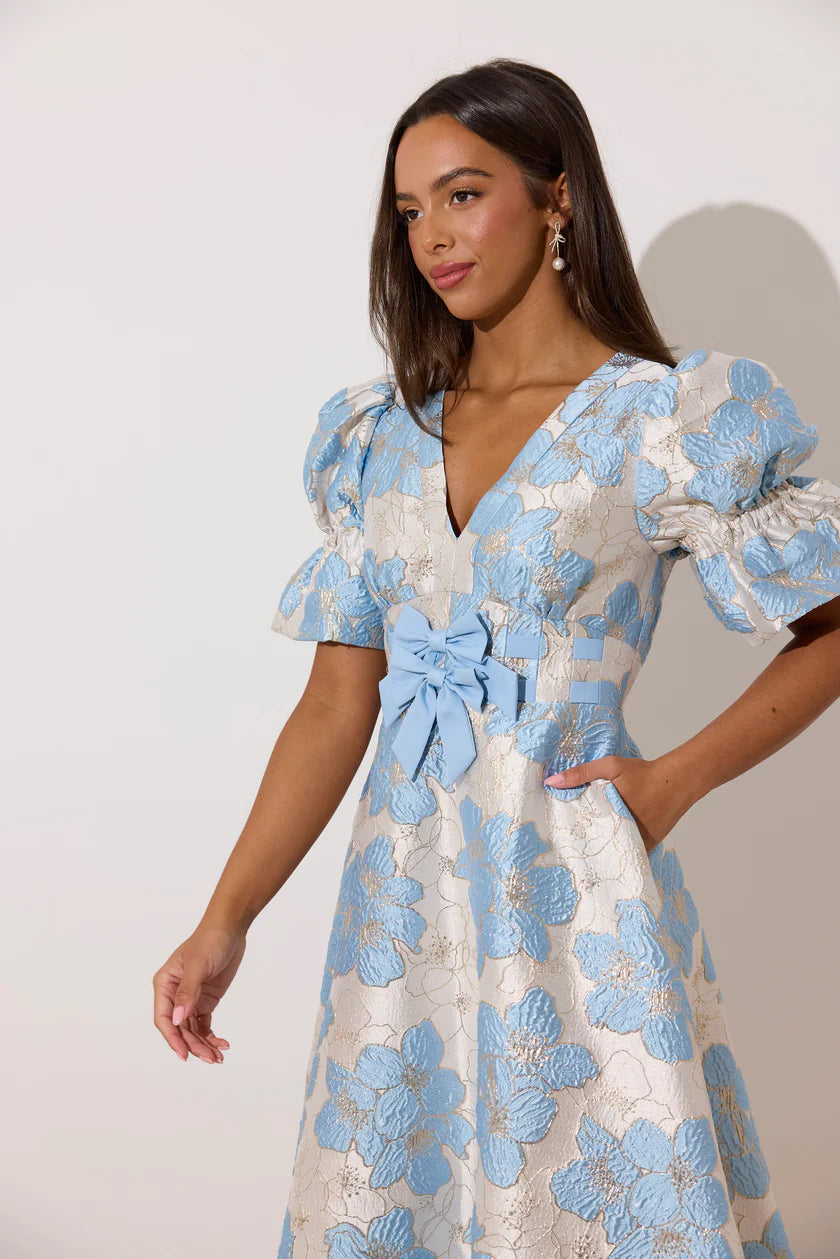 Callie Metallic Puff Sleeve Midi Dress (Pale Blue)