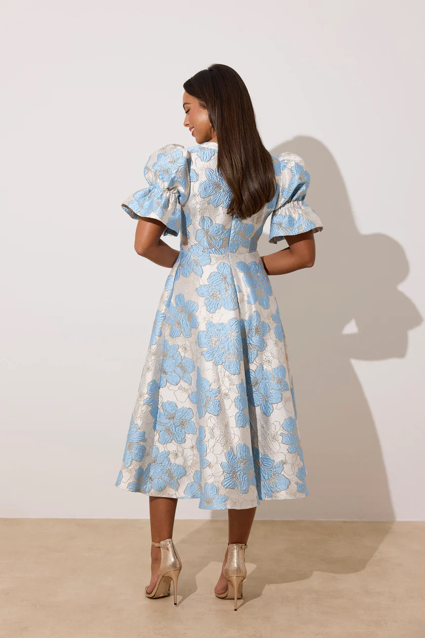 Callie Metallic Puff Sleeve Midi Dress (Pale Blue)