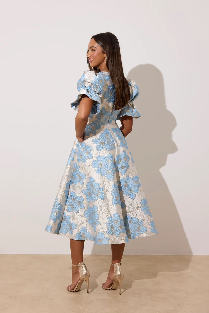 Callie Metallic Puff Sleeve Midi Dress (Pale Blue)