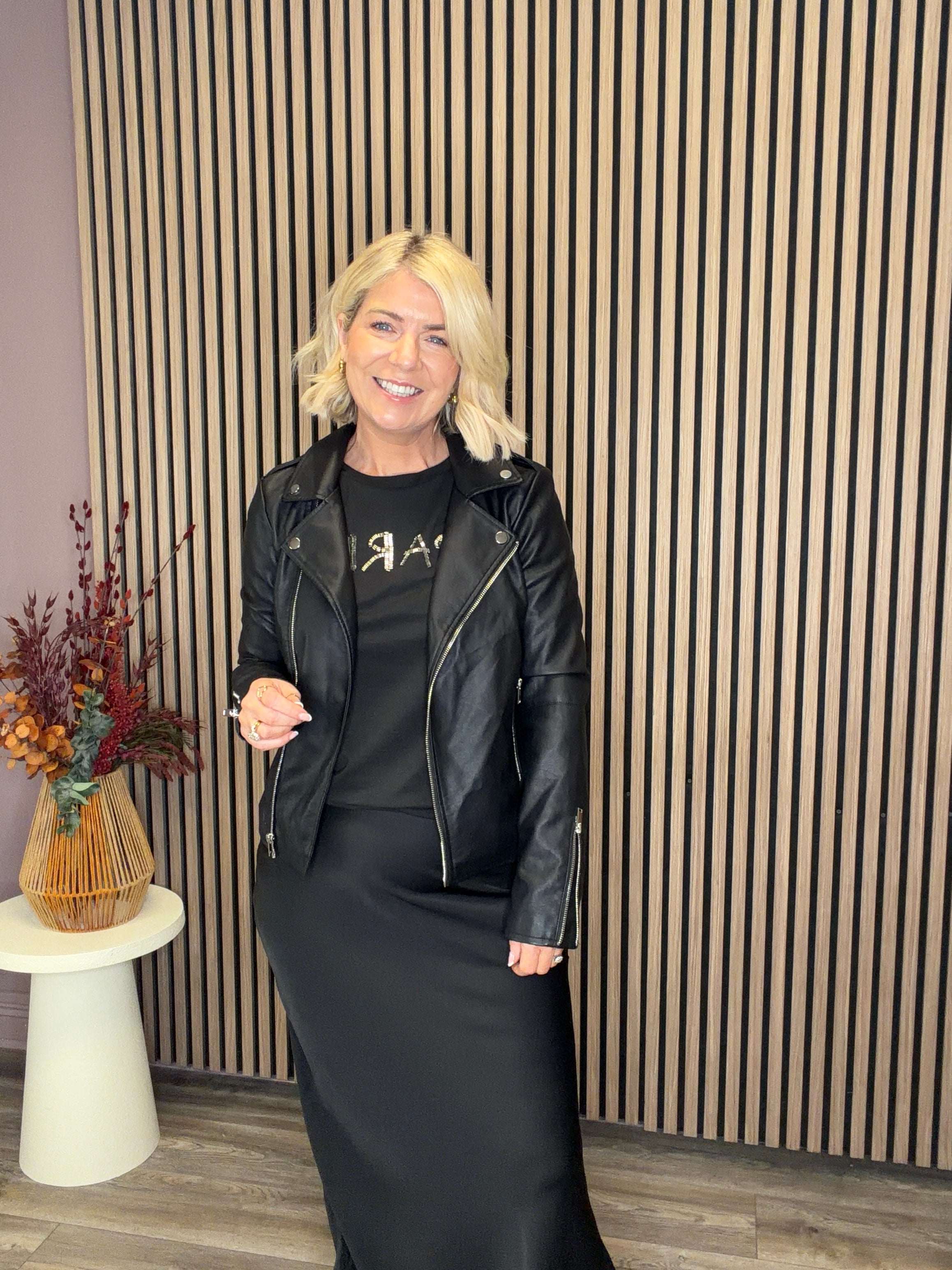 Hanley Faux Leather Biker Jacket (Black)