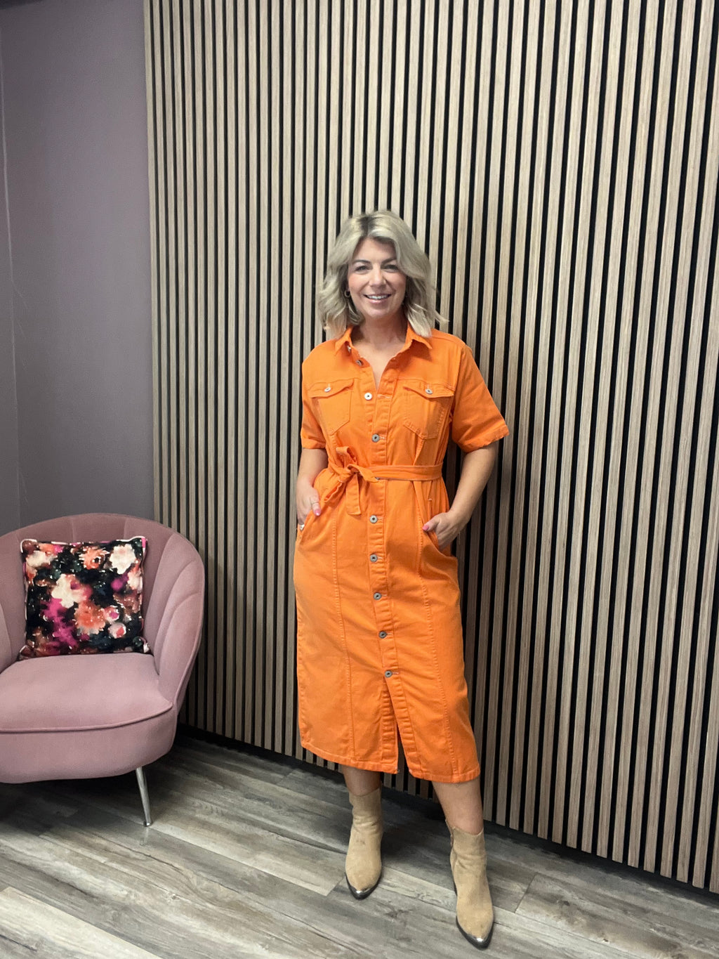 CENNY DENIM SHIRT DRESS (ORANGE) | Love Cherish CENNY DENIM SHIRT DRESS (ORANGE) | Love Cherish