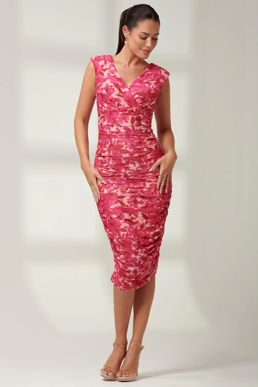 Pamela Ruched Mesh Bodycon Dress (Pink Multi)