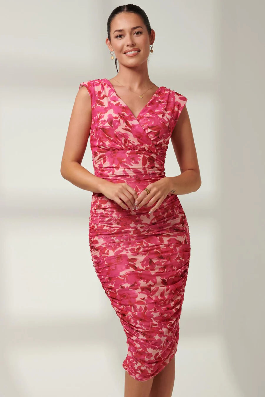 Pamela Ruched Mesh Bodycon Dress (Pink Multi)