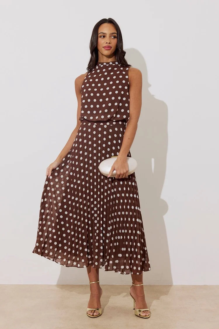 Milly Pleat Midi Dress (Brown)