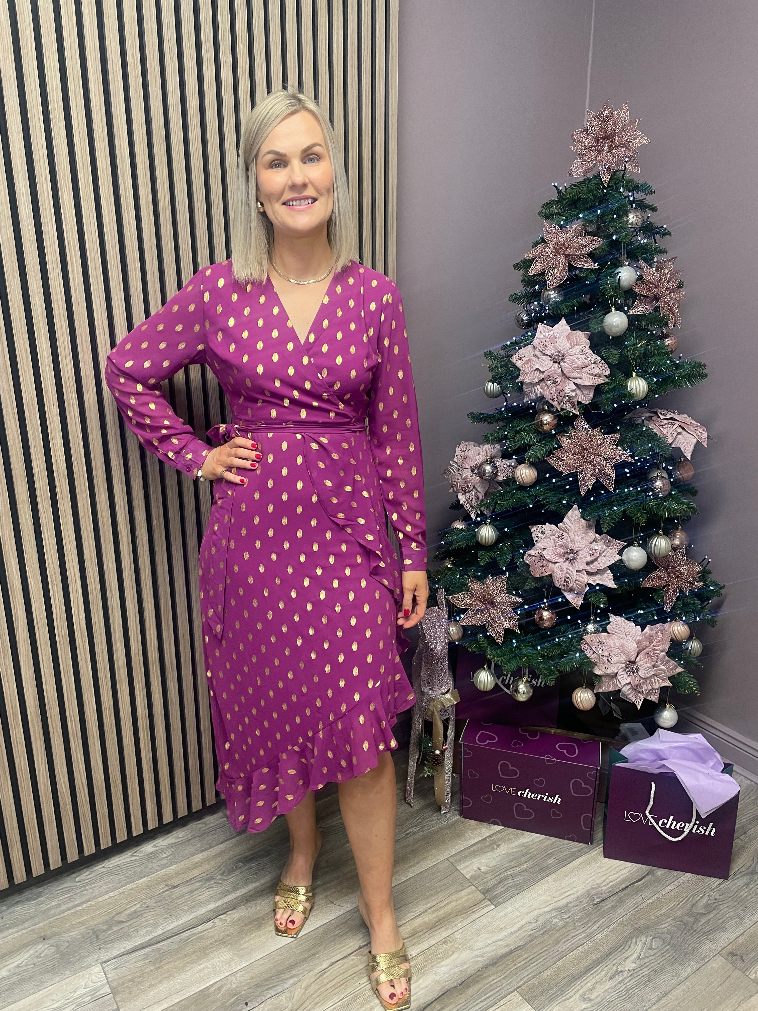 TANYA ASYMMETRIC MIDI DRESS (PLUM & GOLD)