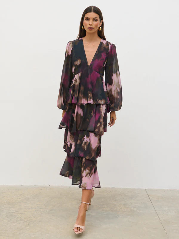 Ashton Ruffle Midi Dress (Purple/Khaki Ombre)
