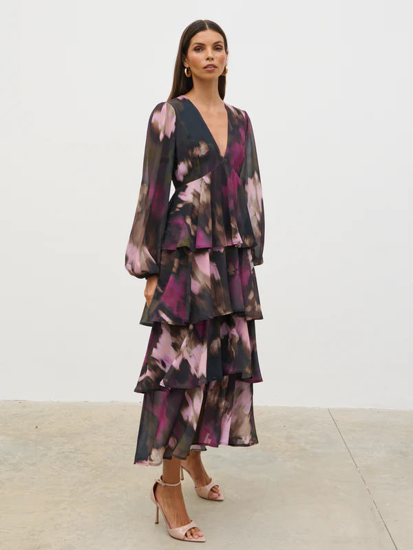 Ashton Ruffle Midi Dress (Purple/Khaki Ombre)