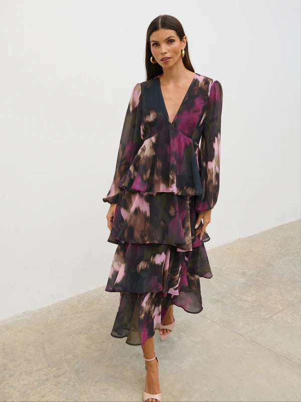 Ashton Ruffle Midi Dress (Purple/Khaki Ombre)