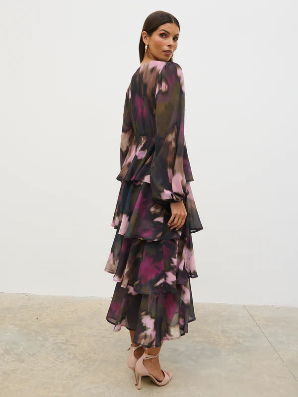 Ashton Ruffle Midi Dress (Purple/Khaki Ombre)