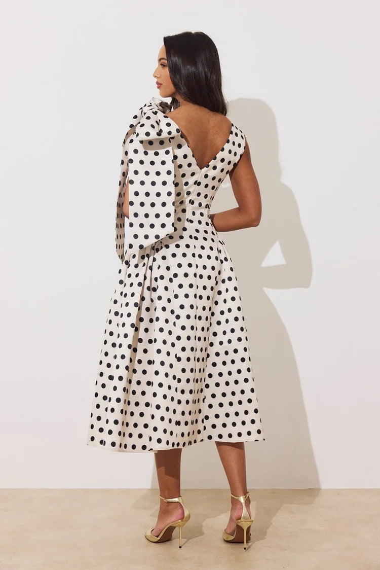 Beatrice Bow Dress (Champagne/Polka Dot)
