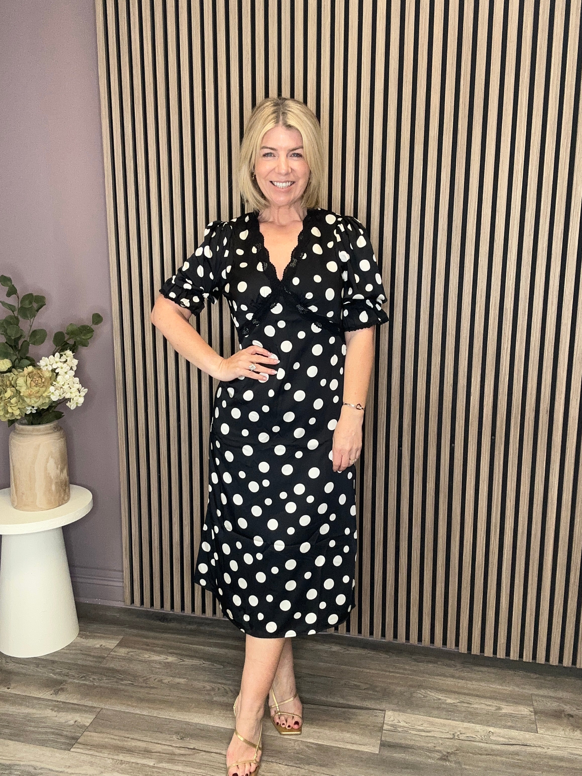 Sharon V-Neck Puff Sleeve Midi Dress (Black Polka)