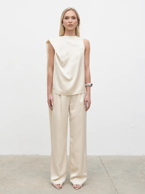 Breya Scarf Faux Satin Top (Oyster)